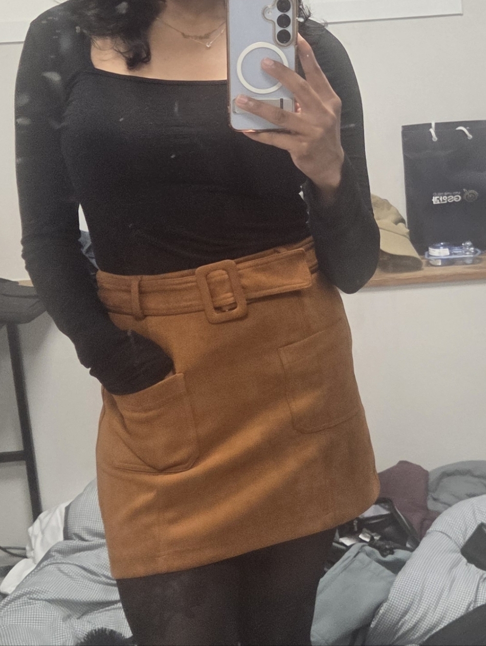 JustFab Tan Suede Mini Skirt with Belt - Picture 6 of 6